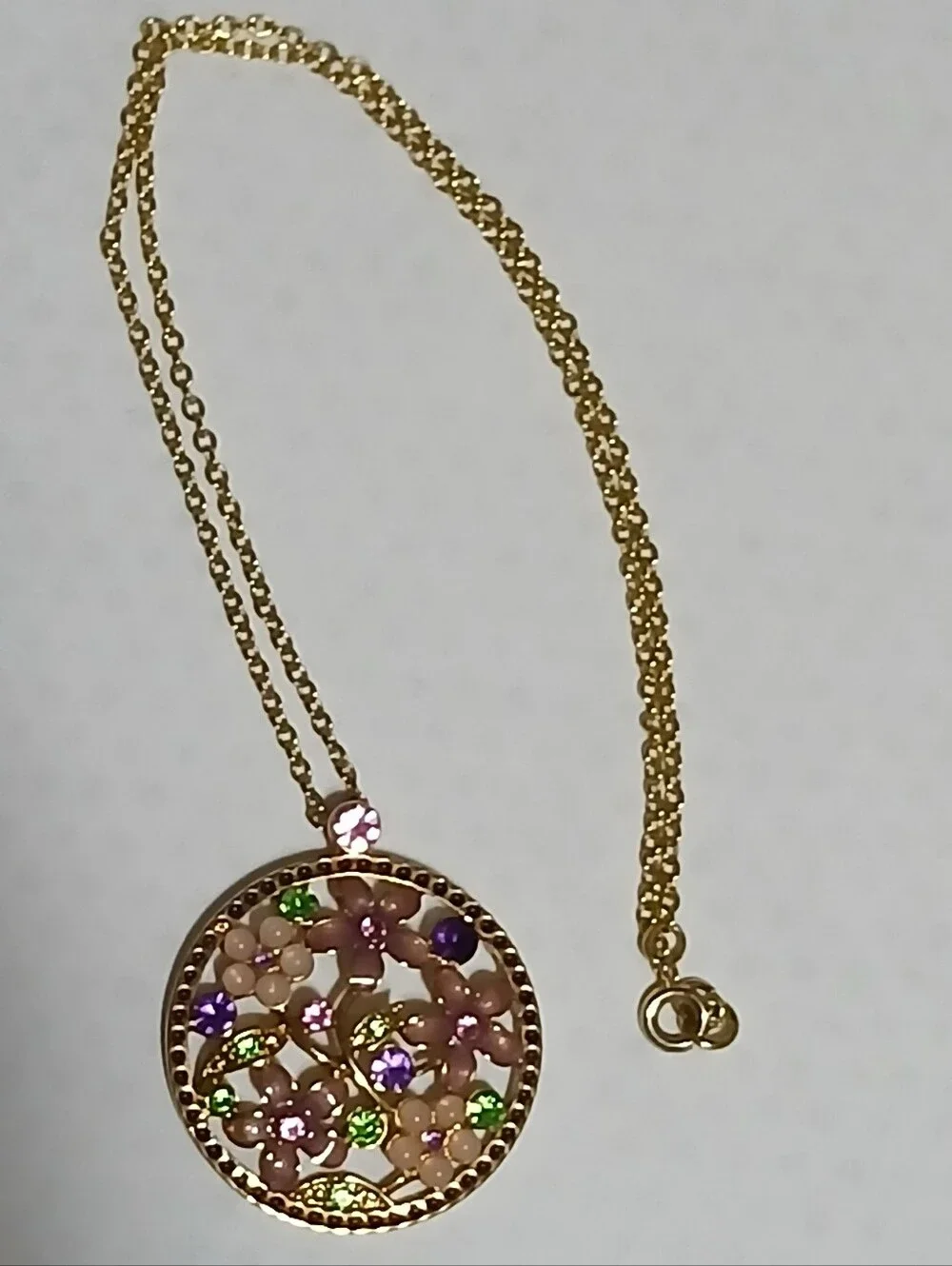 Gold Tone Round Floral Multicolor Crystal Pendant Necklace